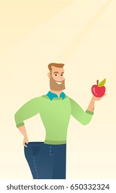 Young happy caucasian man on a diet. Slim smiling man in oversized pants showing the results of his diet. Concept of dieting and healthy lifestyle. Vector flat design illustration. Vertical layout.