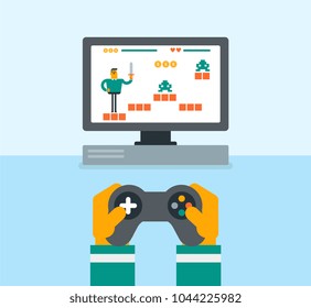 Young happy caucasian man sitting on the couch and playing video game on the TV set. Excited man with console in hands playing video game at home. Vector cartoon illustration. Square layout.