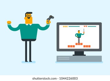 Young happy caucasian man sitting on the couch and playing video game on the TV set. Excited man with console in hands playing video game at home. Vector cartoon illustration. Horizontal layout.