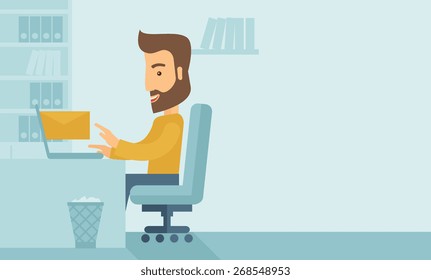 Young happy Caucasian man sitting infront of a table with computer laptop and thinking what to write in e-mail inside his office. A Contemporary style with pastel palette, soft blue tinted background