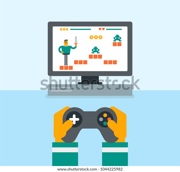 ソファに座ってテレビゲームをしている若い白人の幸せな男性 家でビデオゲームをする興奮した男性 ベクターカートーンイラスト 正方形のレイアウト のベクター画像素材 ロイヤリティフリー