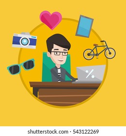 Junge glückliche Kaukasier Mann mit Laptop für Online-Shopping. Fröhlicher Mann, der online einkaufen geht. Lächeln und online bestellen. Vektorflache Design-Illustration im Kreis einzeln auf Hintergrund.