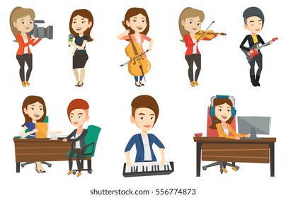 Young happy caucasian musician playing cello. Cellist playing classical music on cello. Young female musician with cello and bow. Set of vector flat design illustrations isolated on white background.