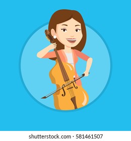 Young happy caucasian musician playing cello. Cellist playing classical music on cello. Young smiling musician with cello and bow. Vector flat design illustration in the circle isolated on background.