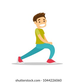 Young happy caucasian white man doing stretching warm up exercise. Sportsman stretching legs doing forward lunge before workout. Vector cartoon illustration isolated on white background. Square layout