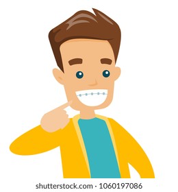 Young happy caucasian white man smiling with braces on teeth. Cheerful man showing his smile with dental braces. Vector cartoon illustration isolated on white background. Square layout.