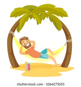 Young happy caucasian white man relaxing on the beach in a hammock under the palm trees. Hipster man lying in hammock on tropical beach. Vector cartoon illustration isolated on white background.