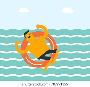 Young happy caucasian white man swimming with lifebuoy. Cheerful man having fun in the sea with lifebuoy. Summer vacation and tourism concept. Vector cartoon illustration. Square layout.