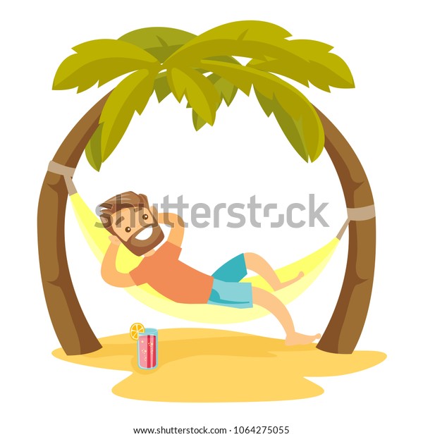 Young Happy Caucasian White Man Relaxing On The Beach In A Hammock Under The Palm Trees Hipster 4955