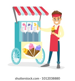 Young happy caucasian white street seller dressed in an apron standing next to the cart with ice cream. Small business and fast food concept. Vector cartoon illustration isolated on white background.