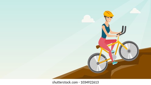 Young happy caucasian white traveler woman in helmet riding a mountain bike in the mountains. Vector cartoon illustration. Horizontal layout.
