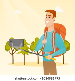 Young happy caucasian white traveler man holding a selfie-stick and making selfie. Smiling traveler man with a backpack taking photo with a mobile phone. Vector cartoon illustration. Square layout.