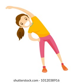 Young happy caucasian white woman doing stretching warm up exercise. Vector cartoon illustration isolated on white background.