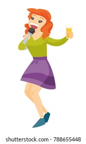 Young happy caucasian white woman drinking beer and singing karaoke. Cheerful woman having fun at karaoke party. Vector cartoon illustration isolated on white background.