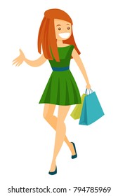 Young happy Caucasian white woman during shopping. Cheerful smiling woman laughing and walking with shopping bags. Vector cartoon illustration isolated on white background.