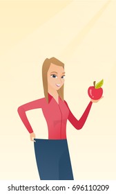 Young happy caucasian woman on a diet. Slim smiling woman in oversized pants showing the results of her diet. Concept of dieting and healthy lifestyle. Vector flat design illustration. Vertical layout