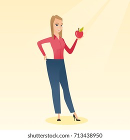 Young happy caucasian woman on a diet. Slim smiling woman in oversized pants showing the results of her diet. Concept of dieting and healthy lifestyle. Vector flat design illustration. Square layout.