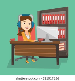 Young happy caucasian woman using computer for playing games. Cheerful woman in headphones playing online games. Smiling woman playing computer game. Vector flat design illustration. Square layout.