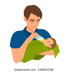 Young happy cheerful father feeds a baby from a bottle of milk, looking on each other, smiling. Parenting lifestyle. Vector cartoon flat style illustration isolated from white background.