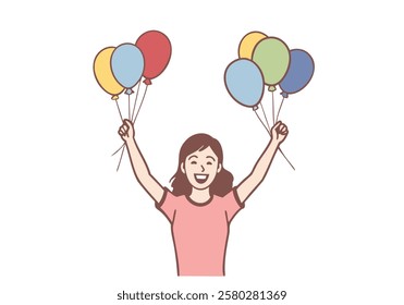 Young happy cheerful smiling joyful woman girl teenager celebrating birthday victory with flying air baloons. Hand drawn style vector design illustrations.
