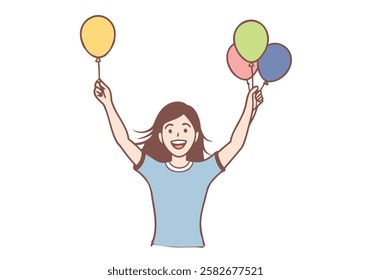 Young happy cheerful smiling joyful woman girl teenager celebrating birthday victory with flying air baloons. Hand drawn style vector design illustrations.
