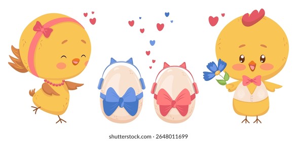 Young happy chicken family dad, mom, kids in shell. Vector anthropomorphic hen and cockerel in clothes with kids-eggs of different genders in headphones. Family happiness design and atmosphere of love