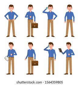 Young, happy, confident blue shirt man vector illustration. Standing with hands on hips, drinking coffee, talking on phone, using tablet, writing notes, thumbs up boy cartoon character set
