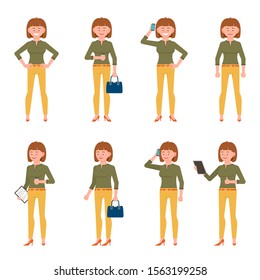Young, happy, confident green top woman vector illustration. Standing with hands on hips, drinking coffee, talking on phone, using tablet, writing notes, thumbs up girl cartoon character set