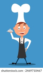 Young Happy Cook Character Serving Food. People and professions concept vector art