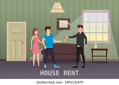 Young Happy Couple Accepting house rent. Real estate concept. Sale or rent new home service. Modern family characters to buy new house or big appartment. Interior new housing. Realtor gives keys to
