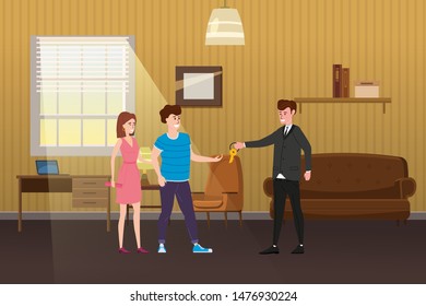 Young Happy Couple Accepting. Real estate concept. Sale or rent new home service. Modern family characters to buy new house or big appartment. Interior new housing. Realtor gives keys to family from