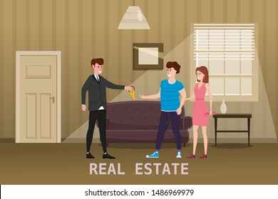 Young Happy Couple Accepting. Real estate concept. Sale or rent new home service. Modern family characters to buy new house or big appartment. Interior new housing. Realtor gives keys to family from