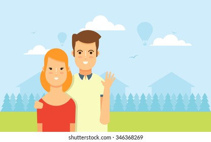 Young Happy Couple. Beautiful Landscape on Background. Colorful Vector Illustration 