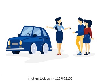 Young happy couple buying new blue car. Sales woman giving keys to the buyer. Isolated flat vector illustration