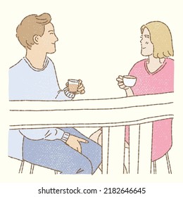 Young happy couple cartoon character looking at each other, sitting, dating at table with drinks at cafe. Hand drawn flat vector illustration in pastel soft tone colored pencil style