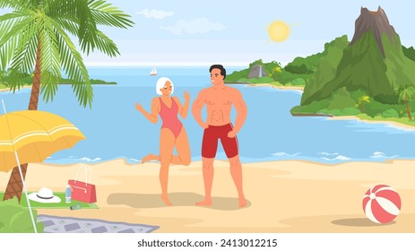 Young happy couple cartoon characters enjoying rest on tropical beach during summer vacation time at exotic resort vector illustration