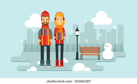 Young Happy Couple with Christmas Gift Boxes. Big City Silhouette on the Background. Colorful Vector Illustration