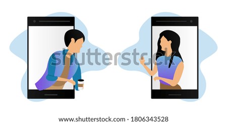 Young happy couple communicate on mobile phone banner design