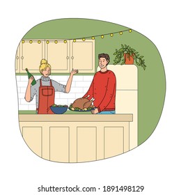 Young happy couple cooking chicken and opening champagne during Christmas