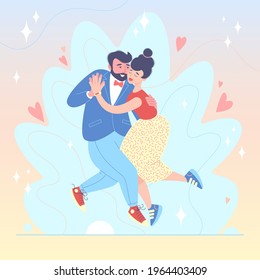 Young happy couple dancing hugging each other. Joyful cartoon dancers. Vector illustration in a flat style