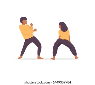 Young happy couple dancing together hip hop. Woman dancing twerk. Dancers characters modern concept. Flat vector illustration isolated on white background. 