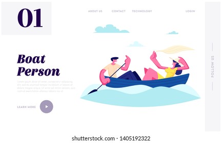 Young Happy Couple Floating Boat. Man Rowing Water with Paddle, Girl Hold Shawl. Summertime Vacation, Loving People Sparetime Website Landing Page, Web Page. Cartoon Flat Vector Illustration, Banner