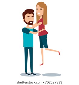 young happy couple gesturing smile on blue background