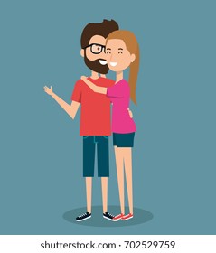 young happy couple gesturing smile on blue background