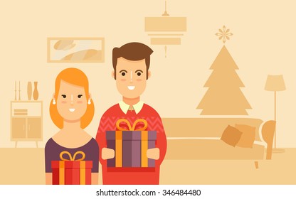 Young Happy Couple with Gift Boxes. Christmas Room Interior on Background. Vector Illustration