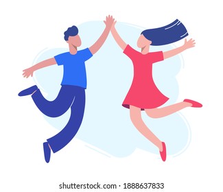 Young happy happy couple happily jumping. The concept of feelings and emotions. Vector illustration in the style of flat design.