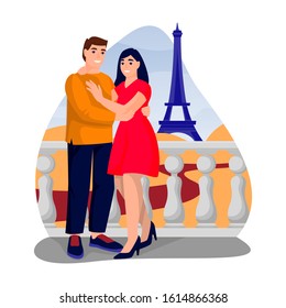 Young happy couple has romantic honeymoon trip to Paris. Vector flat cartoon illustration of engagement or Valentines day date. Woman and man in love, near Eiffel tower.