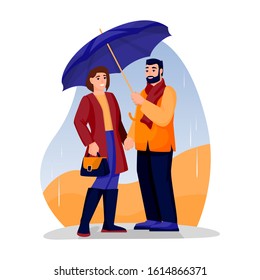 Young happy couple has romantic date in park. Vector flat cartoon illustration of engagement or Valentines day. Woman and man under umbrella