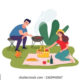 Young happy couple having picnic in the park. Vector flat illustration