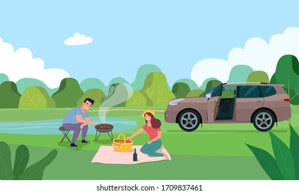 Young happy couple having picnic in the forest. Vector flat illustration.